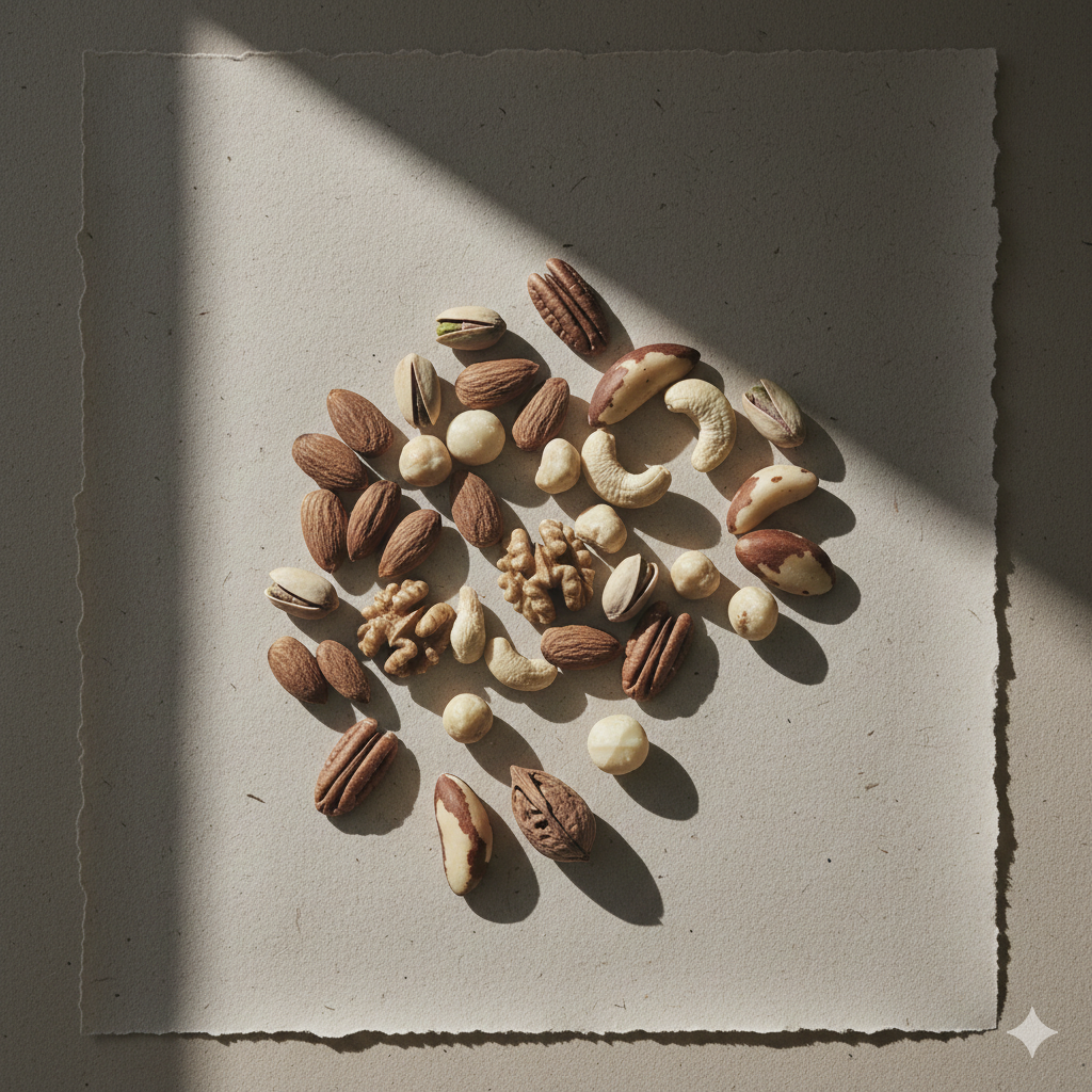 Heritage almonds, pistachios, and cashews arranged on natural stone